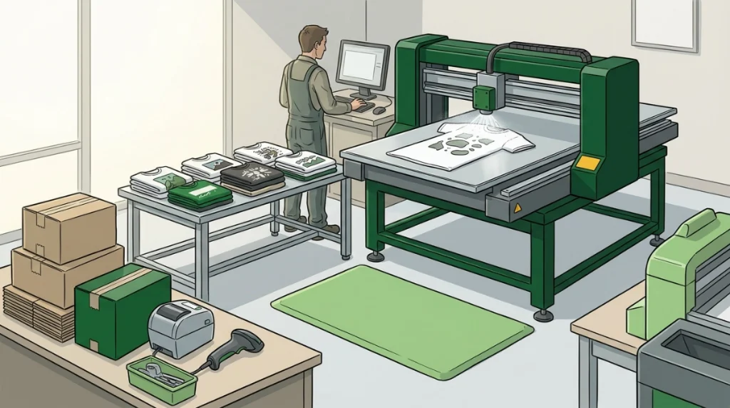 Mann druckt T-Shirts in Werkstatt
