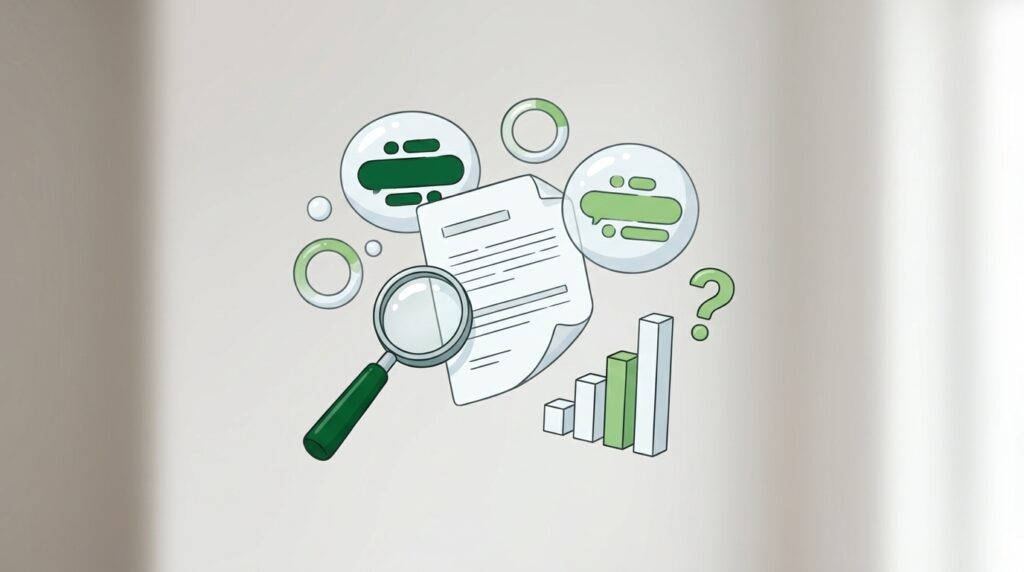 Dokumente, Lupe, Diagramme, Fragen, Keywords