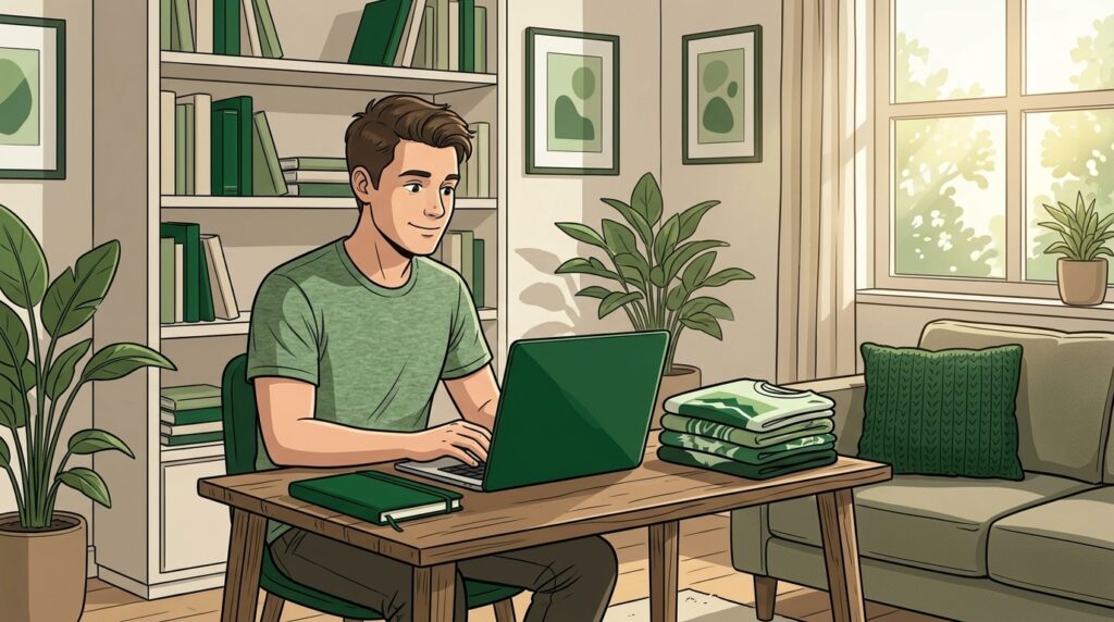 Junger Mann arbeitet am Laptop zu Hause.